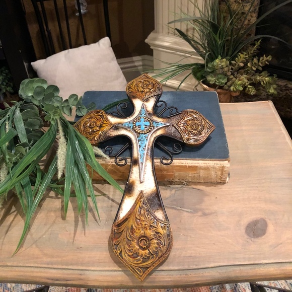 Other - Cowhide Tooled Leather 12.5 " Cross with Turquoise Layer in Resin Metal